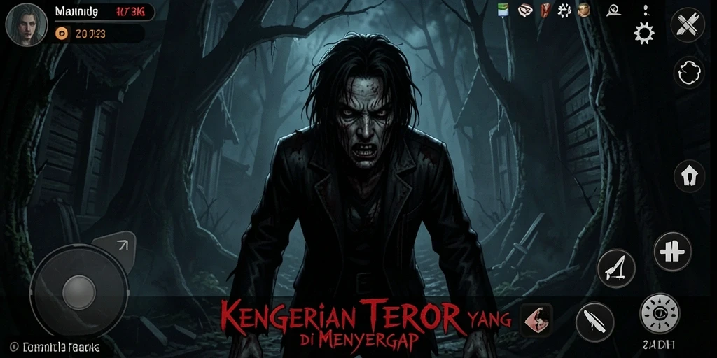 Tangkapan layar gameplay 73K menampilkan suasana menegangkan penuh teror.
