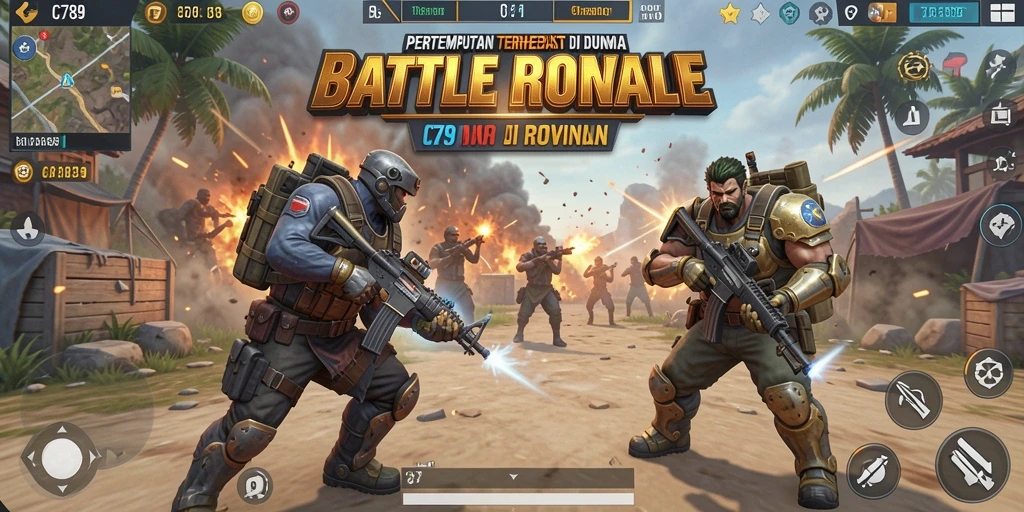 Screenshot gameplay C789 yang intens dalam pertarungan Battle Royale.