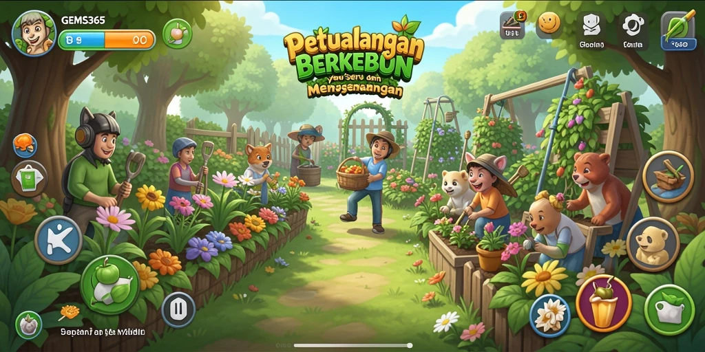 Tampilan menarik dari gameplay GEMS365 saat berkebun.