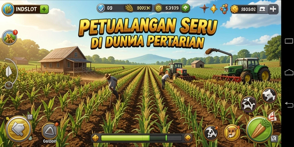 Tampilan gameplay menarik di dunia pertanian INDSLOT dengan beragam aktivitas.