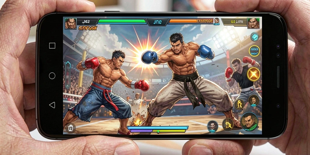 Tampilan gameplay JJ62 dengan pertarungan yang intens dan karakter beragam.