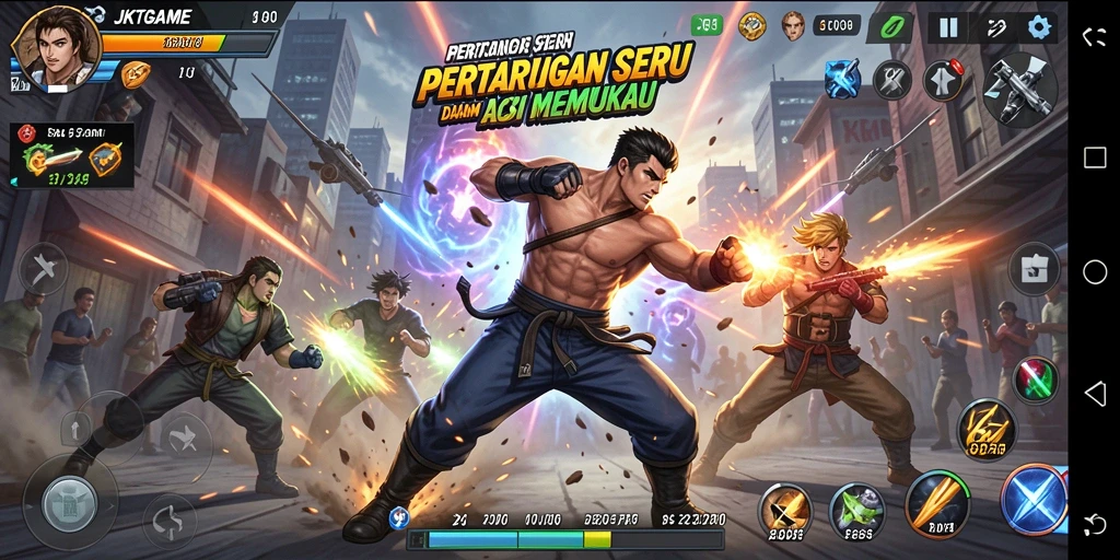 Tangkapan layar JKTGAME menampilkan aksi seru dan karakter yang berjuang.