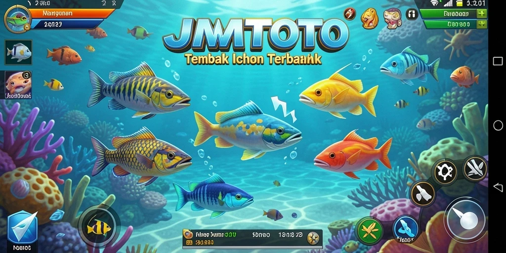 Screenshot gameplay JMTOTO yang menampilkan aksi menembak ikan.