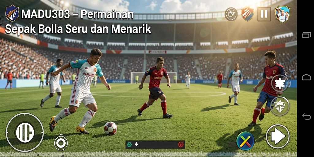 Gambaran gameplay seru di MADU303 dengan pertandingan sepak bola yang intens.