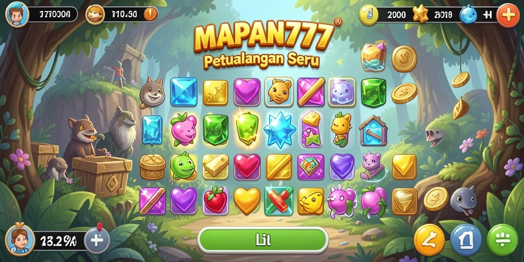 Screenshot utama MAPAN777 menampilkan aksi permainan Match-3 yang penuh warna.