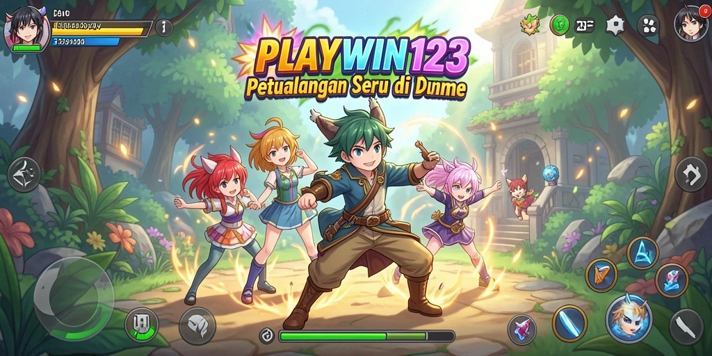 Tangkapan layar utama PLAYWIN123 menunjukkan pertempuran seru dengan karakter anime favorit.