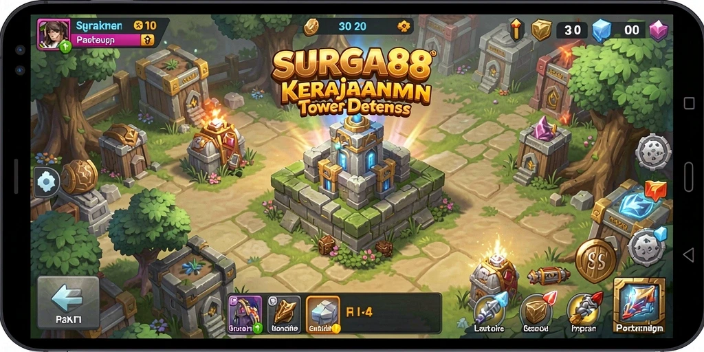 Menampilkan gameplay seru dan strategi di SURGA88 Tower Defense.